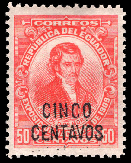 Ecuador 1909 Cinco centavos provisional lightly mounted mint.