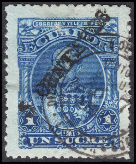 Ecuador 1893 5c on 1s deep blue thick opt with serifs fine used.