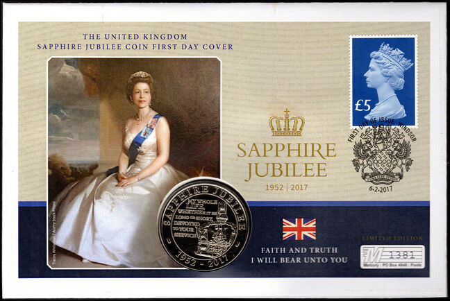 2017 £5 sapphire jubilee with  5 crown. Small mark on reverse.