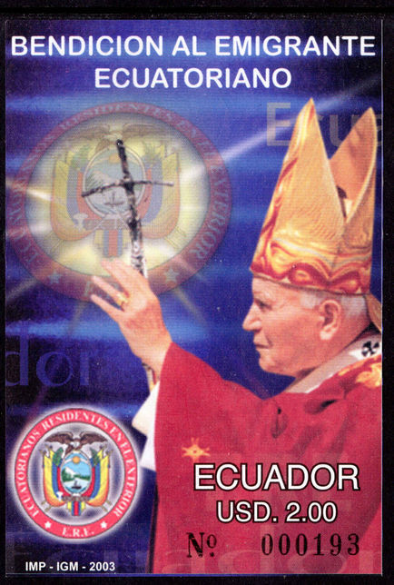 Ecuador 2003 Papal Benediction of Ecuadorian Emigrants souvenir sheet unmounted mint.