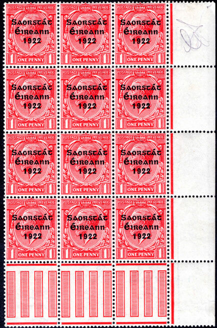 Ireland 1922-26 Thom 3 line 1d block of 12 fine, mostly unmounted mint.