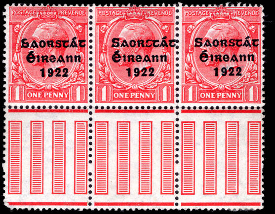 Ireland 1922-26 Thom 3 line 1d strip of 3 fine, with S over E lightly mounted mint.