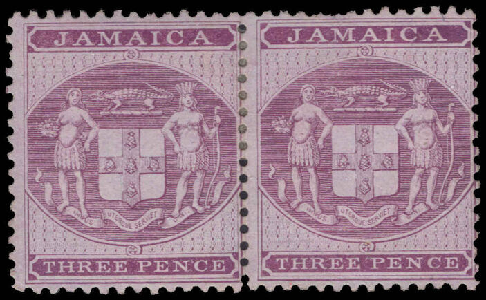 Jamaica 1855-74 3d purple on lilac Postal Fiscal no wmk unused pair.