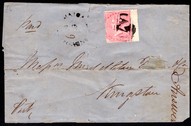 Jamaica 1859 entire with GB 1855 4d carmine. Re-inforced.