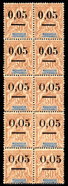 Madagascar 1902 0,05 on 30c cinnamon both settings in block of 10 unmounted mint (2 with tone spots).