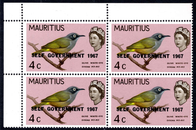 Mauritius 1967 4c with minor variety Clipped Bough block of 4 unmounted mint.