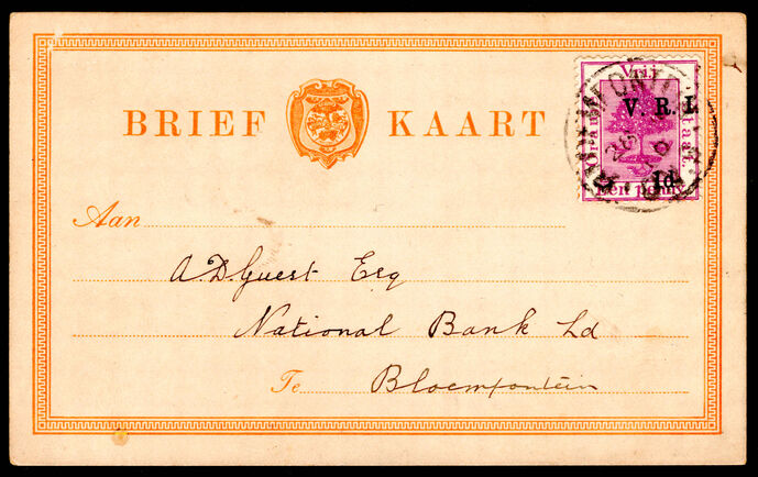 Orange Free State 1900 1d purple 1st printing on fine post card.