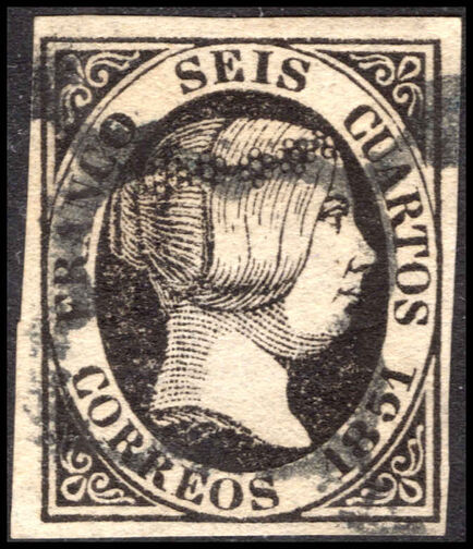 Spain 1851 6c black, thick paper fine used.