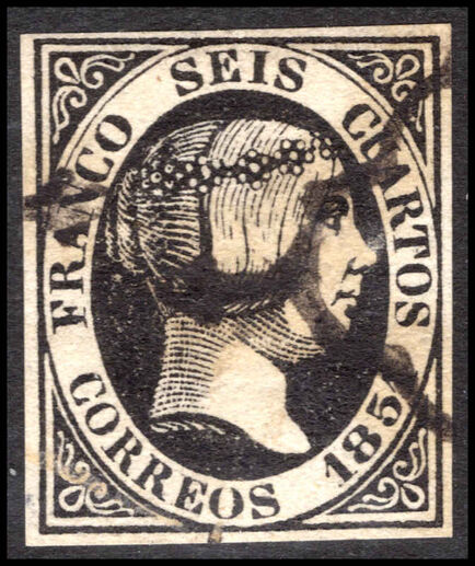 Spain 1851 6c black, thick paper fine used. Signed Saeffel.