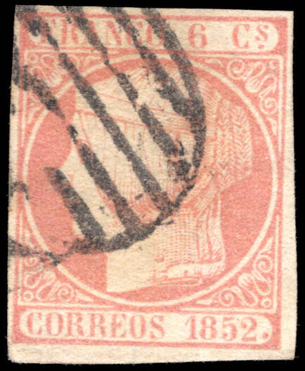 Spain 1852 6c dull rose thick paper with plate flaw No stop after CORREOS fine used. Signed Saeftel