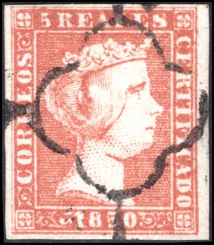 Spain 1850 5c dull red superb fine used. Saeftel certificate.