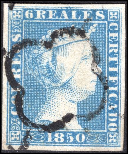 Spain 1850 6c blue superb fine used.