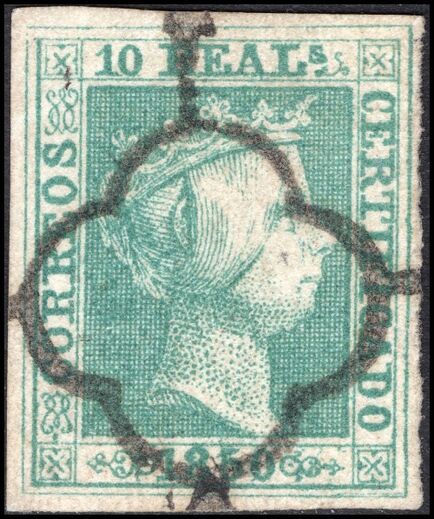 Spain 1850 10r blue-green superb fine used. Macoveanu certificate stating genuine and fine.