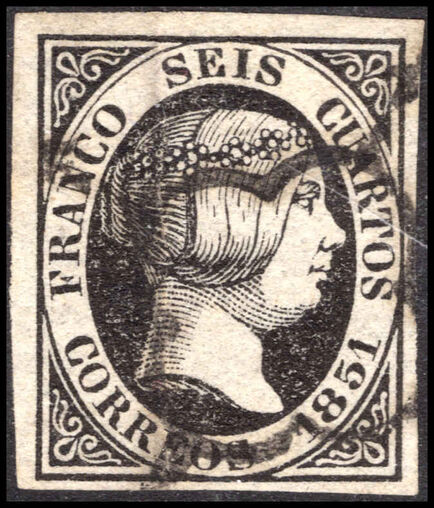 Spain 1851 6c black, thin paper fine used.