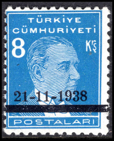 Turkey 1938 Death of Kemal Ataturk. Mourning Issue 8k light blue unmounted mint.