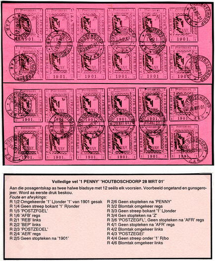 Transvaal-Pietersburg 1901 1d in 2 panes of 12 . Very fine CTO used, many constant varieties.