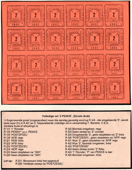 Transvaal-Pietersburg 1901 2d sheet no control. Two light hinge marks. 22 unmounted, constant varieties.