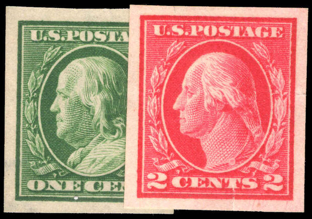 USA 1910-13 1c and 2c imperf single line wmk lightly mounted mint.