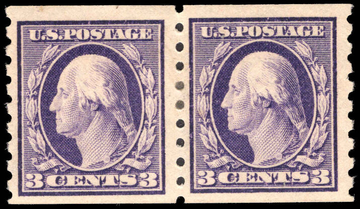 USA 1910-13 3c violet coil stamp imperfx8½ pair single line wmk lightly mounted mint.