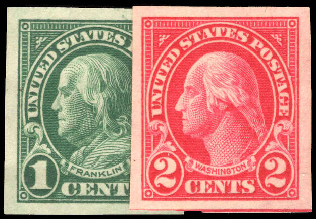 USA 1912-14 1c and 2c imperf single line wmk lightly mounted mint.