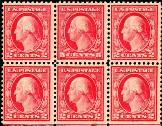 USA 1916-20 Scott #505 rare 5c rose within block of 2c rose. CLEVER FAKE.