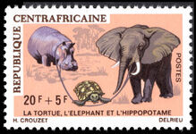 Central African Republic 1970 20f+5f Hippopotamus, African elephant and tortoise in tug-of-war unmounted mint.