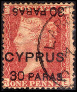 Cyprus 1881 30p on 1d red plate 220 double surcharge one inverted fine used.