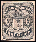 Bremen 1856-63 5gr black on rose type A unused, with thin.