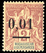 Madagascar 1902 0,01 on 2c brown on buff type 2 lightly mounted mint.