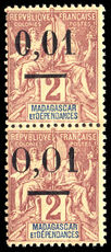 Madagascar 1902 0,01 on 2c brown on buff both settings in vertical pair unmounted mint.