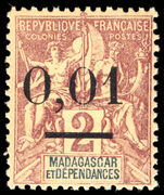 Madagascar 1902 0,01 on 2c brown on buff type 3 unmounted mint.