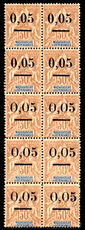 Madagascar 1902 0,05 on 30c cinnamon both settings in block of 10 unmounted mint (2 with tone spots).