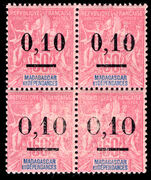 Madagascar 1902 0,10 on 50c carmine on rose both settings in block of 4 unmounted mint.