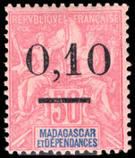 Madagascar 1902 0,10 on 50c carmine on rose type 3 lightly mounted mint.