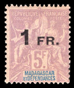 Madagascar 1921 1FR on 5f mauve and blue unmounted mint.