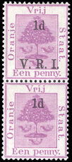 Orange Free State 1900 1d purple first printing vertical pair one with missing V.R.I. lightly mounted mint.